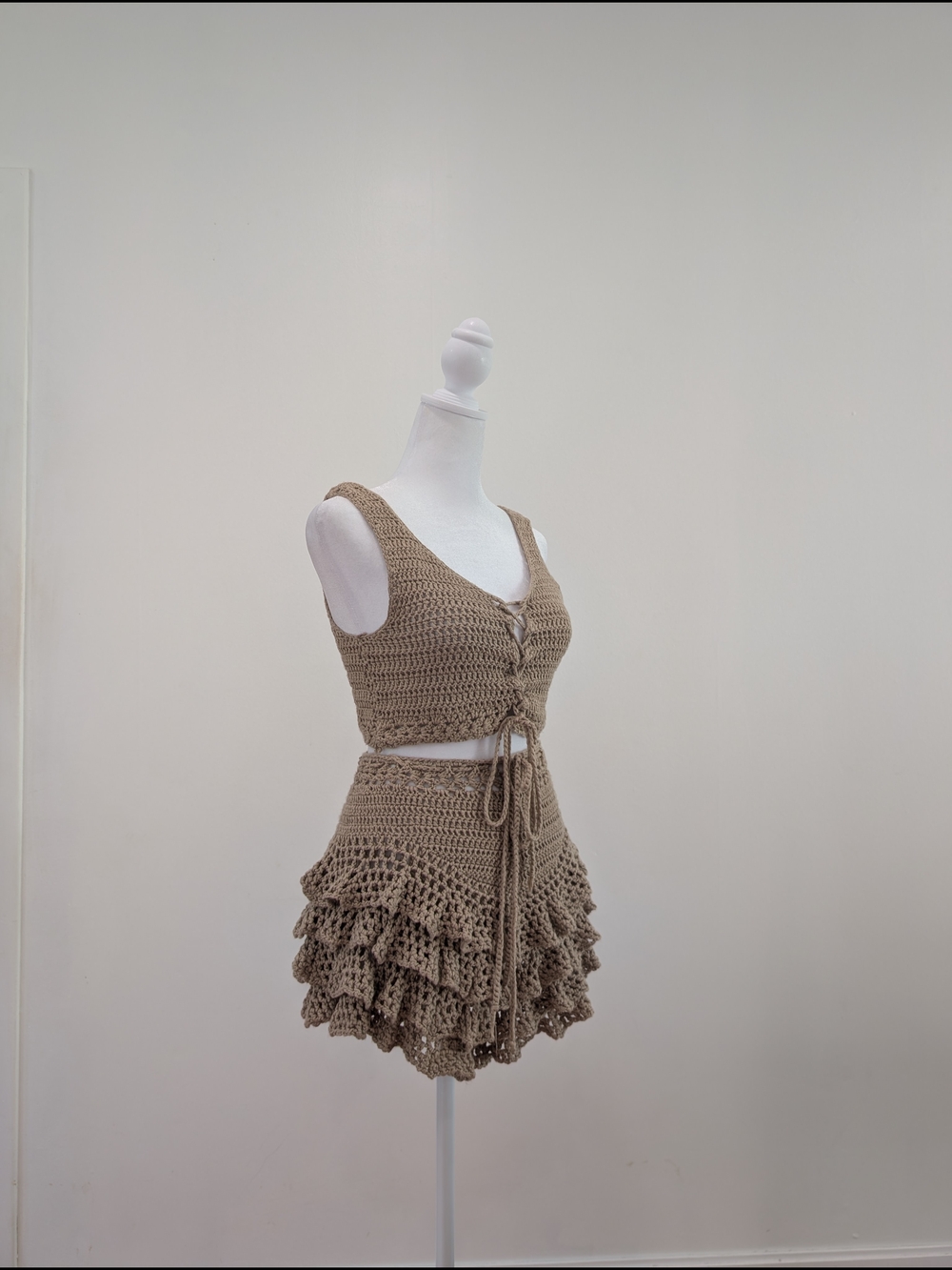 Crochet Ruffle Set Top & Shorts in Taupe